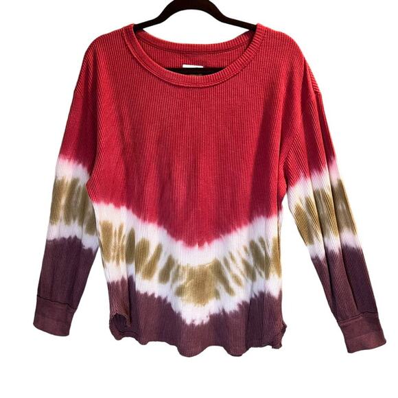 Terra & Sky Tie Dye Waffle Knit Top Long Sleeve Size 14W (0X) Red Gold Burgundy - Picture 3 of 11